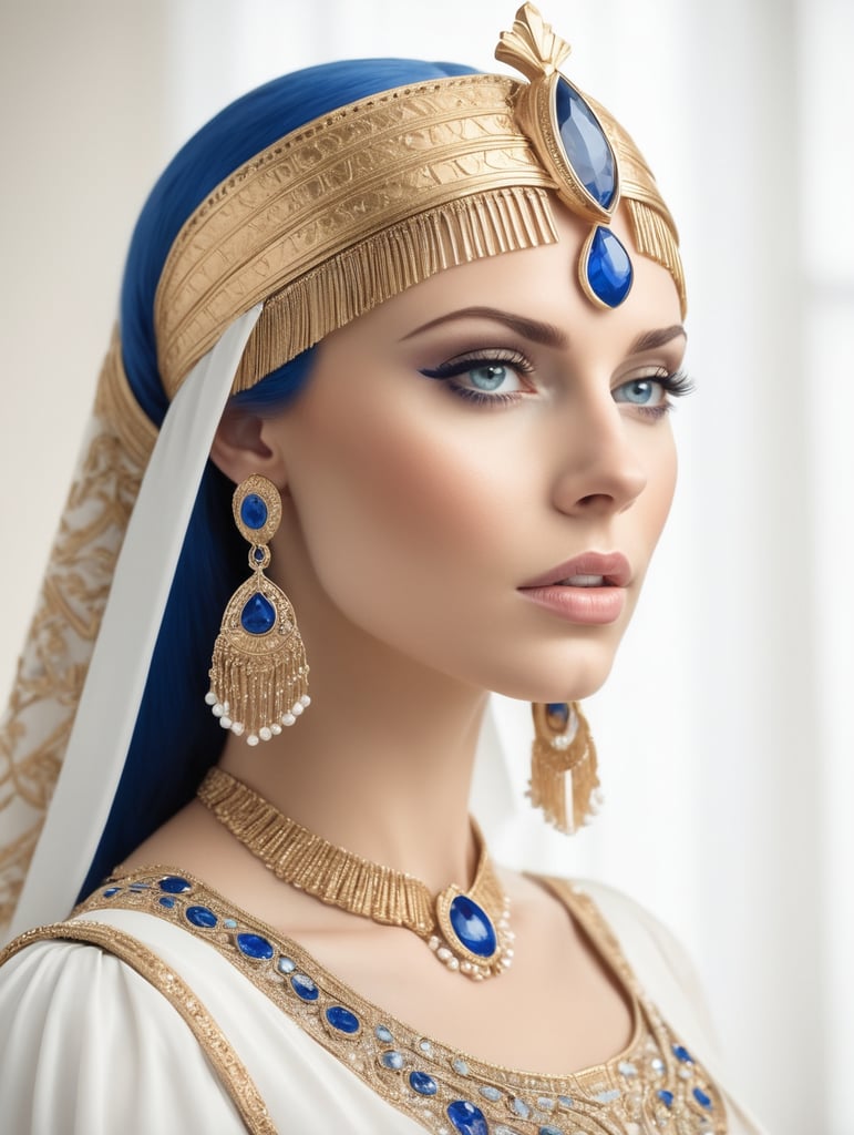 Queen Cleopatra wears a royal white and blue dress