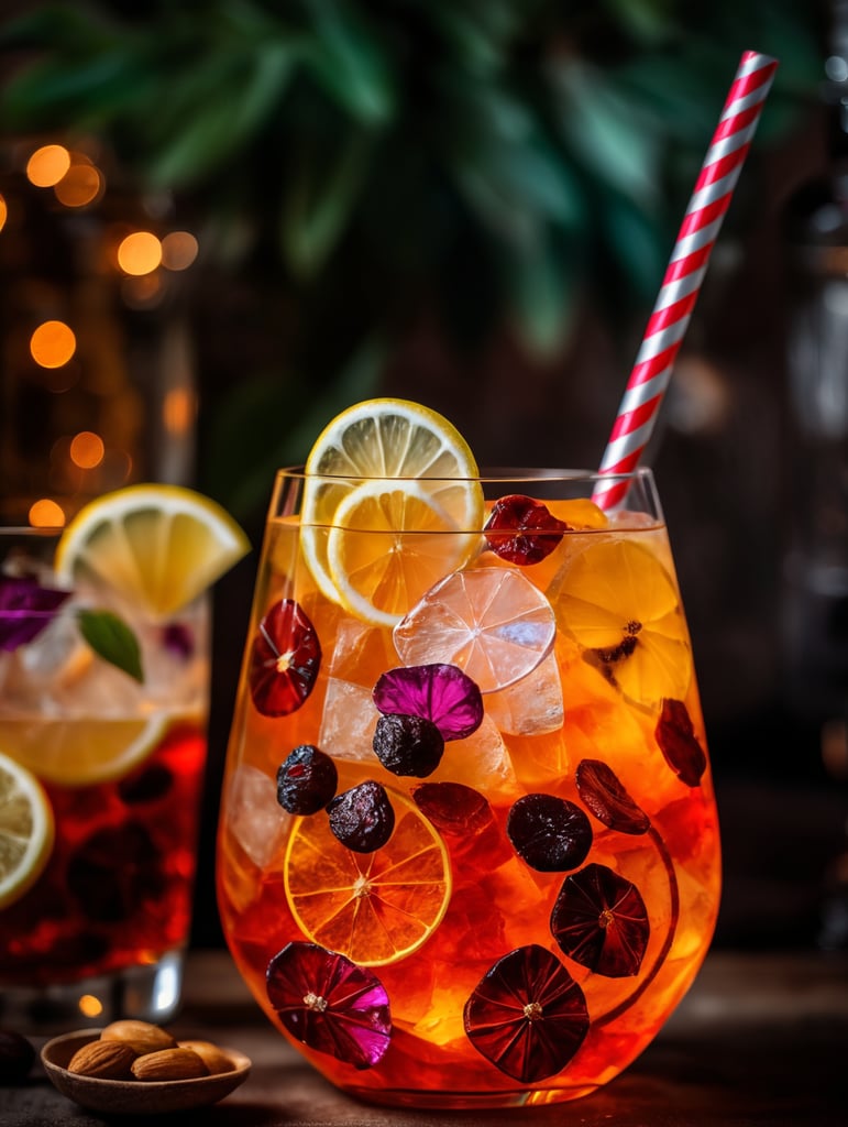 Gin cocktail with dried fruit slices, mood lighting