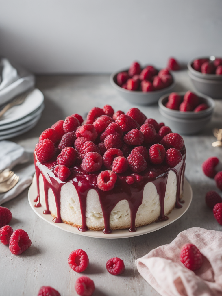 Cake with raspberries, provence atmosphere, dramatic Lighting, Depth of field, Incredibly high detailed