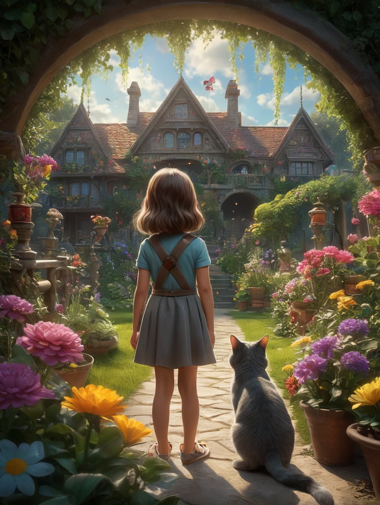 Foto de espaldas de Niña de 5 años morena con el pelo por los hombros y con un gato gris de pelo corto, iluminacion brillante, estilo animación 3d dibujos disney, pixar, colores vivos, en un jardín bonito con flores