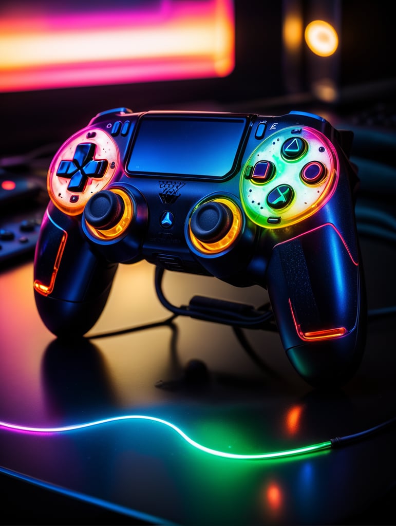 Design a futuristic, neon-colored gaming controller in the style of a playstation controller, glowing neon, semitransparent, deep vibrant colors, high details