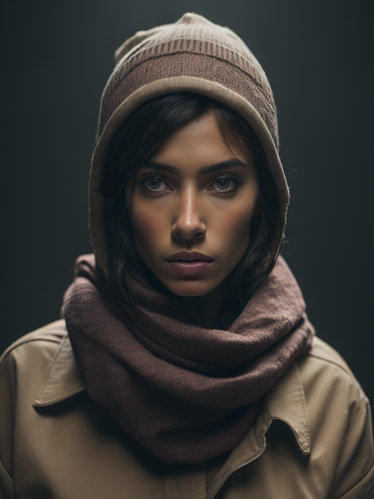 an African Female model wearing a brown beanie, a sweatshirt with the writing JUNKJVNK and an African colored scarf on her neck.