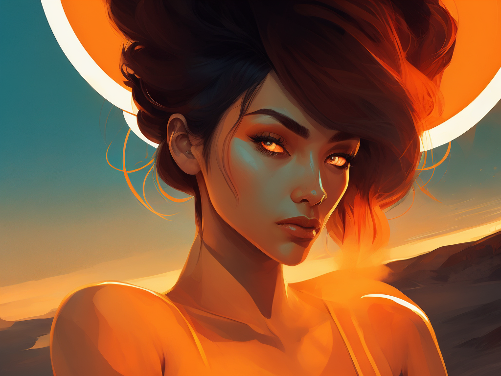 lounge style, summer, breeze, neon, red and orange glow, 4k, digital painting, highly detailed, beach, sunset, woman, vector illustration character