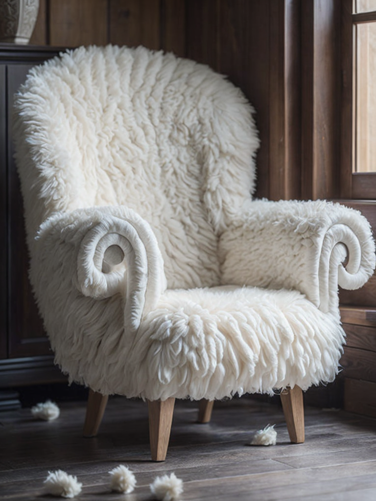 a white soft sheep chair, wood carved head and legs of the sheep, body is white wool