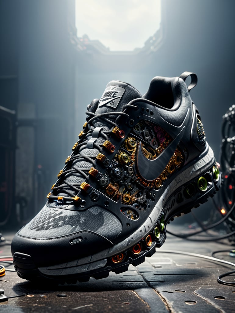Nike sneakers made out gears, wires, mechanical, electronics, pcb, hyper-realis, futurist, stunning unreal engine render, product photography 8k, hyper-realistic. surrealism