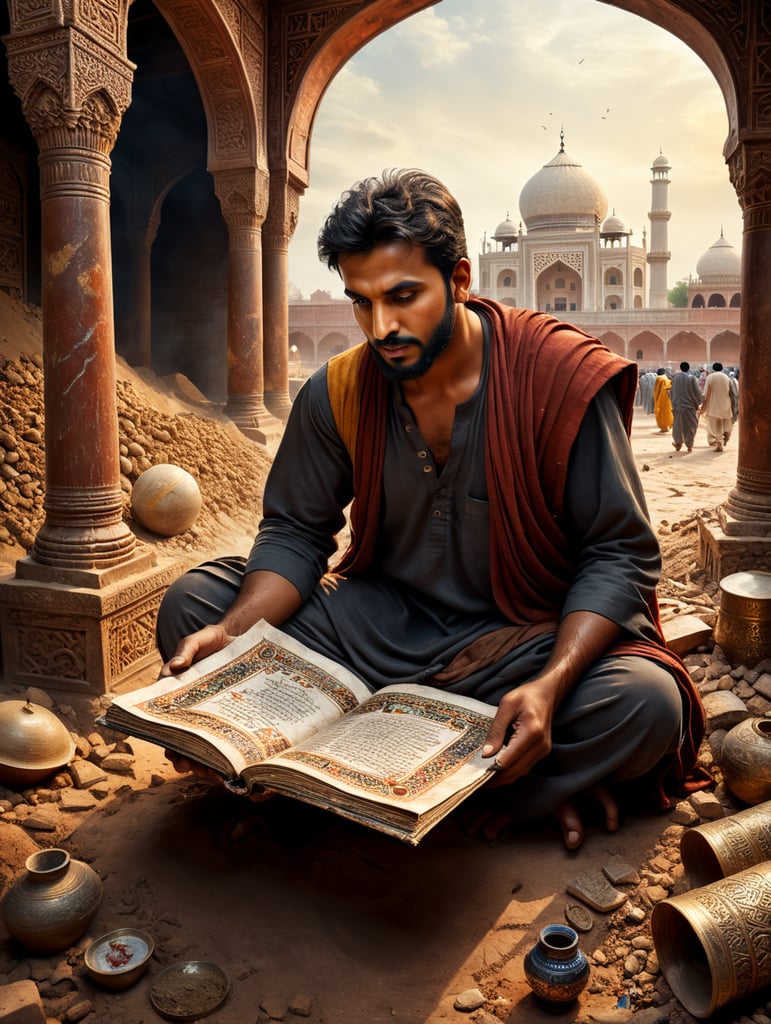 In the vibrant city of Lahore, there lived a young boy named Ali. He was a devout Islamic boy, spending his days reading sacred Islamic texts and praying five times a day. Despite his religious devotion, Ali was also a skilled house builder, known for his craftsmanship. One day, while working on a construction site, he stumbled upon an ancient scroll buried in the earth