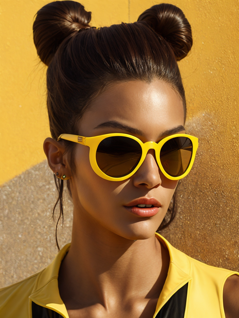 Portrait of a fashion model dressed in a black swimsuit and a yellow transparent sun glasses, Sunny weather, Contrasting light, Hair in a bun