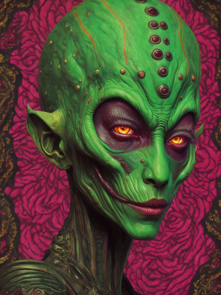 Portrait of an alien, batik, intricate details, surreal, Alien, Cyberpunk Trashcore Style, green crumson and pink, s 1000