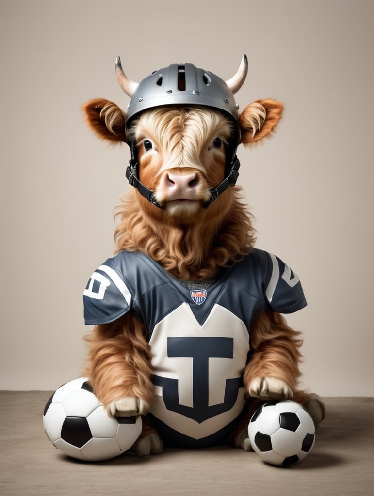 cute baby Highland Cow sitting wearing a football helmet