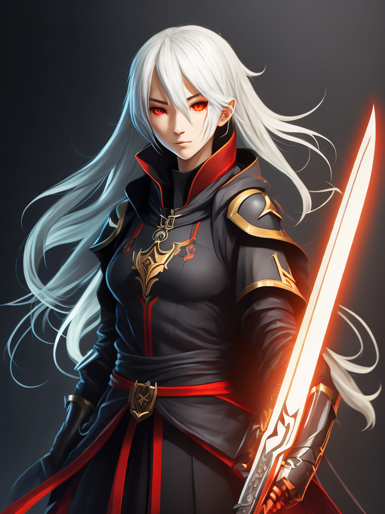 Create a digital artwork featuring an anime girl with white hair and red eyes, holding a sword