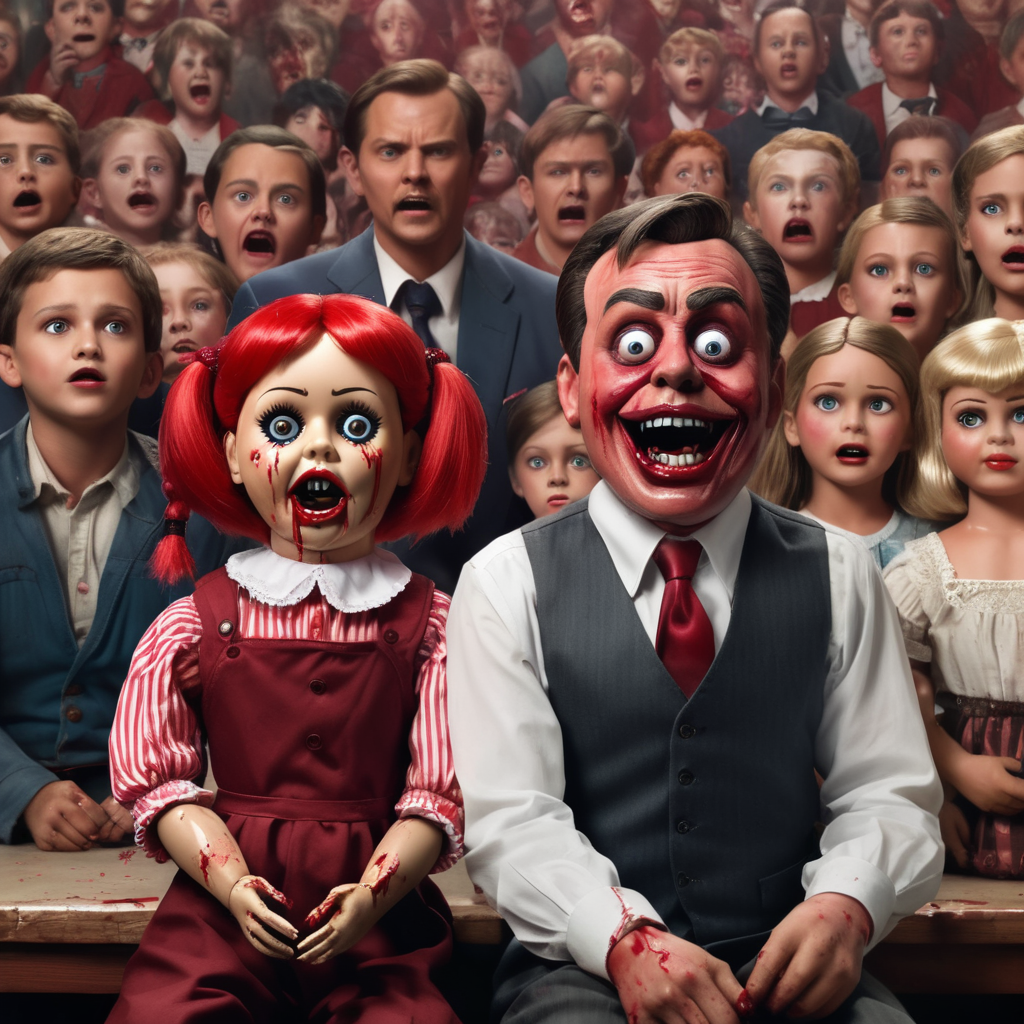 create an image of a ventriloquist and his badly made doll, the doll has become sentient and is going berserk, there is lumpy red paint everywhere, an audience of young people look on in horror, photorealistic, highly detailed