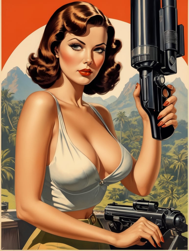 This artwork of a women by George Wilson is an eye-catching poster-style drawing and illustration representing the iconic pulp style.