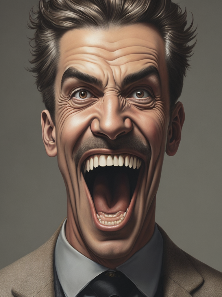 a painting depicting the head of a man with teeth, in the style of artist alex gross, dynamic colors, clear focus, surrealism, psychedelic overload, steve sack, highly detailed figures, nightmare, exuberant