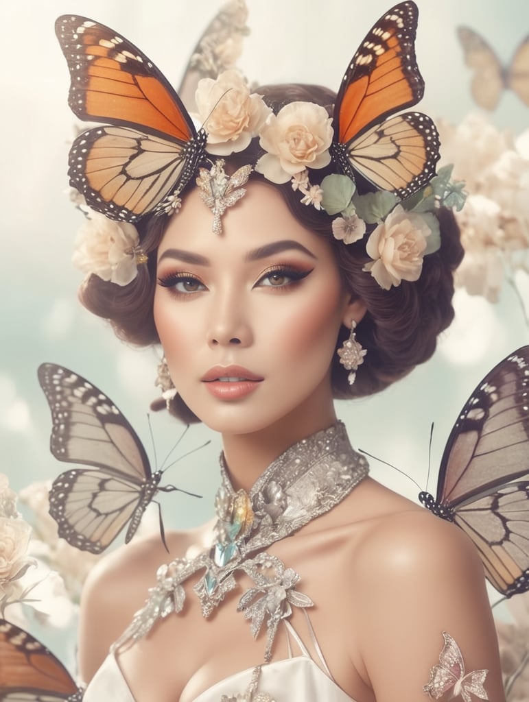 Butterfly women, cabaret imagine style portrait of a goddess, professional photo, 4k, high detail, 30mm lens, aesthetic ,flower, muted colors, cinematic style