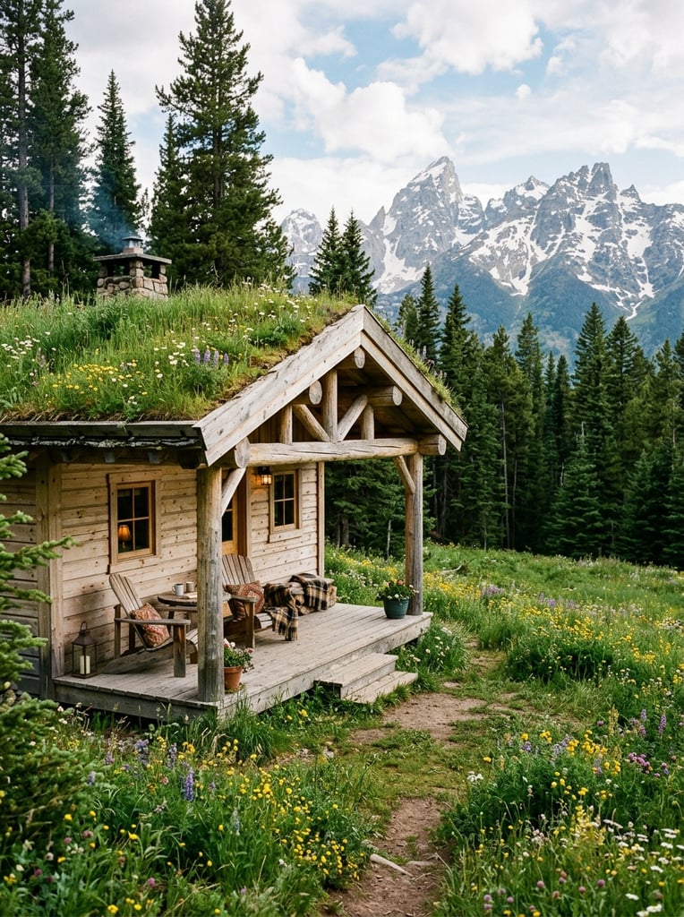 light wood cabin with grass roof, covered porch, patio seating, tall pines, grassy meadow with wildflowers, snow-capped mountain background, photorealistic render