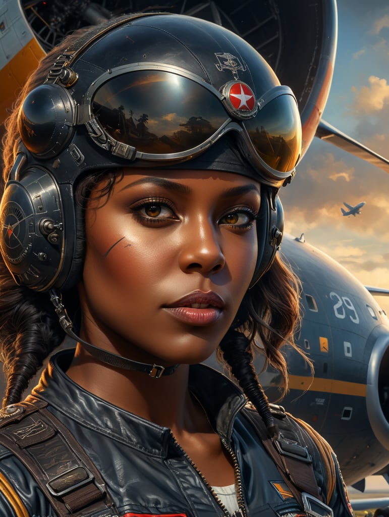 Black female pilot standing beside airplane