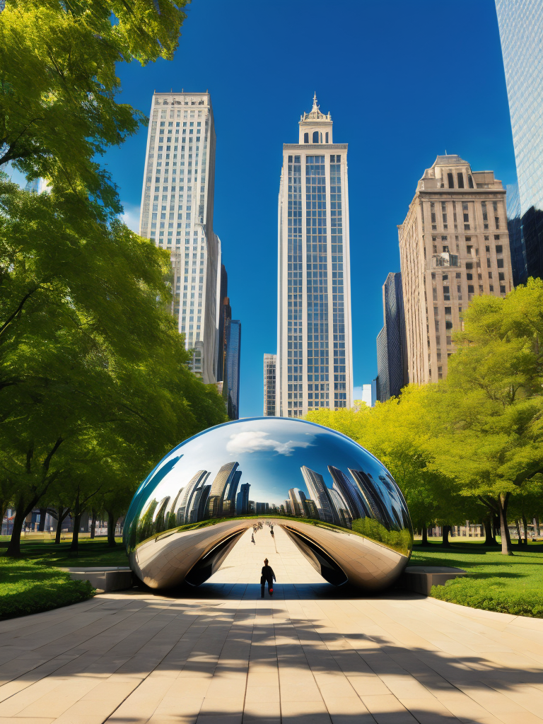 Chicago Millennium Park, Cloud Gate, Green trees, Skyscrapers in the background, Vibrant colors, Deep colors, Contrast lighting, Sunny day, High detail, Sharp details
