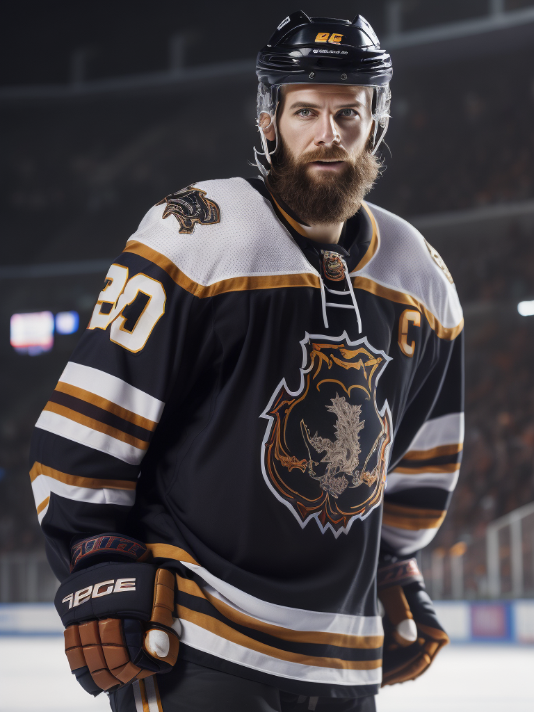 portrait of an ice hockey player Pavel Bure with beard, hockey uniform, in front of the ice hockey rink, sharp focus, Dramatic Lighting, Depth of field, Incredibly high detailed, blurred background