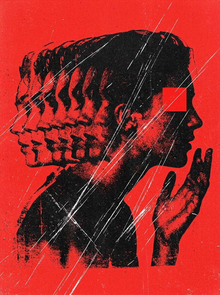 A high-contrast graphic illustration featuring a stroboscopic, multiple-exposure profile of a head and hand. The subject is rendered in heavily textured, grainy black and white, with overlapping layers implying motion. Thin white diagonal scratches distress the silhouettes. A vibrant, flat red background isolates the subject. A small solid red square intersects the rightmost black profile. The aesthetic mimics distressed vintage photocopy art with heavy grunge elements.