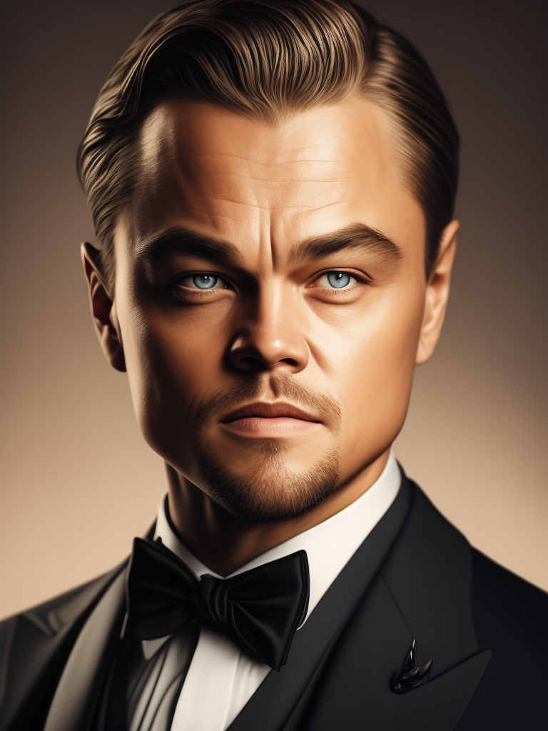 Portrait of Leonardo DiCaprio in a bow tie tuxedo, contrasting light, detailed face,