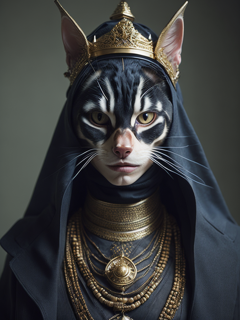 Portrait of a ultraman and a mainecoon cat wearing black coated arabic fashion with gold crown in Renaissance ottoman heritage, hyper realistic, ultra detailed photograph.