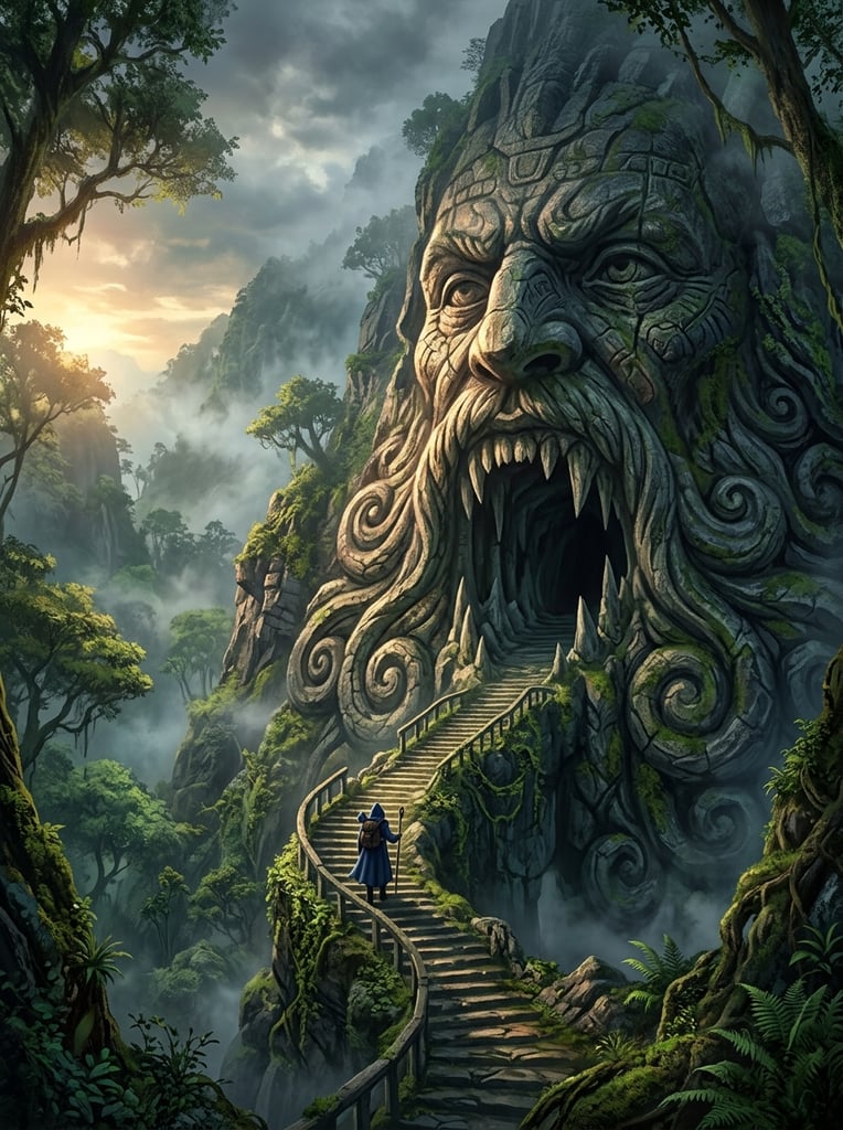 giant stone face carved into a lush mountainside, gaping mouth cave entrance with jagged teeth, tiny figure in blue cloak climbing winding stone stairs, swirling carved stone beard, misty green fantasy forest, atmospheric lighting, digital painting