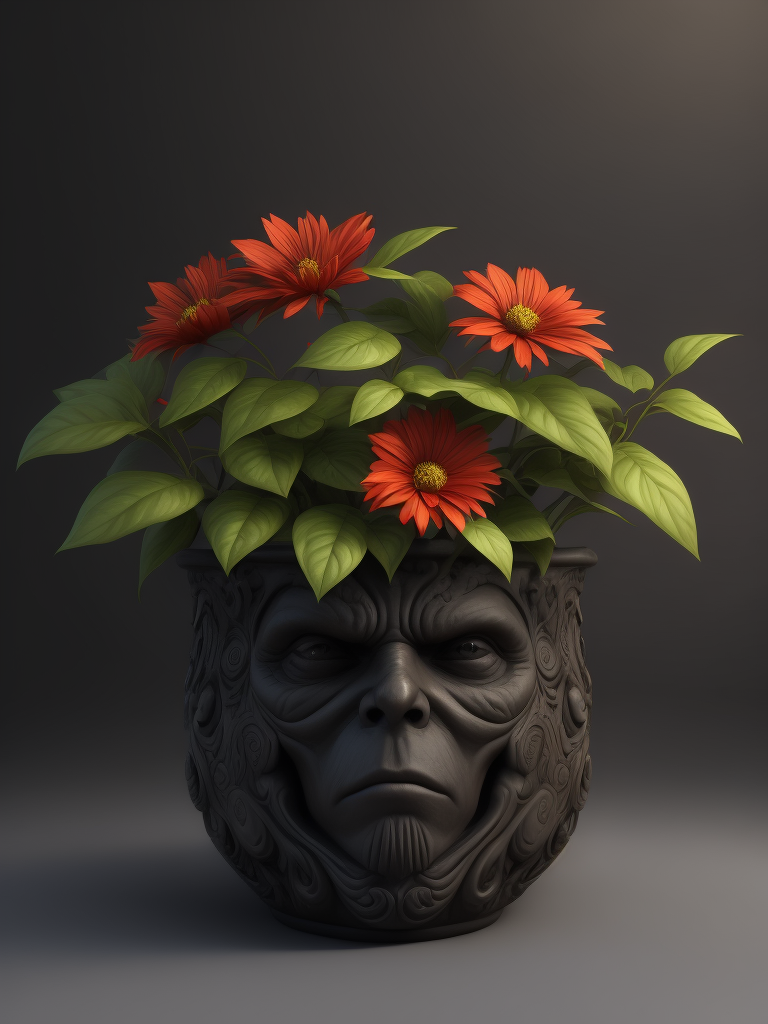 super hero flower pot, deep carved black clay, dark atbosphere