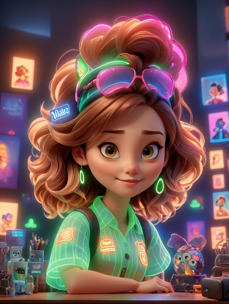 portrait, young woman, creative, cool, in a desktop, with neon lights, eCommerce, pixar style, in a big office background with lights