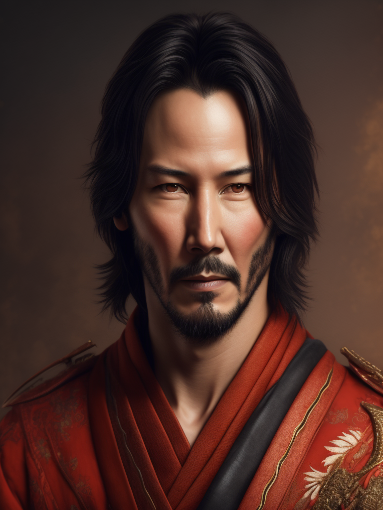 Portrait of Keanu Reeves as a samurai in a red kimono, serious look, detailed background in an oriental style, bright saturated colors