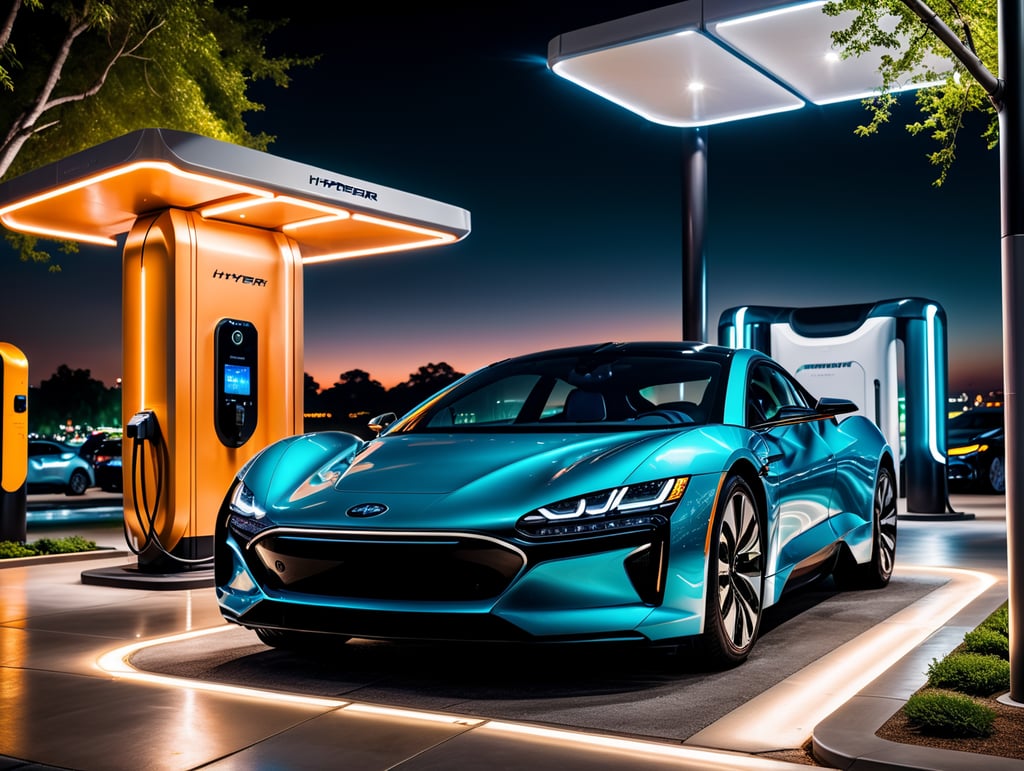 Modern fast electric vehicle chargers for charging car in park