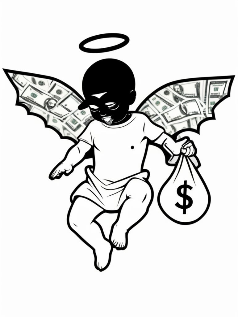 Gangsta baby cheerub boss Sticker with bag of money, in the style of simple black and white line art vector comic art on a white background