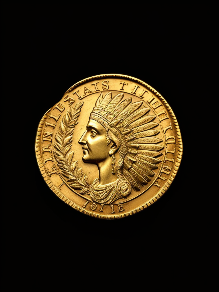 ancient gold carved coin with Indian head, deep carved gold