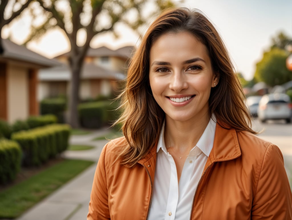 woman, orange jacket, white shirt, smiling, finger pointed up, outside, suburbs