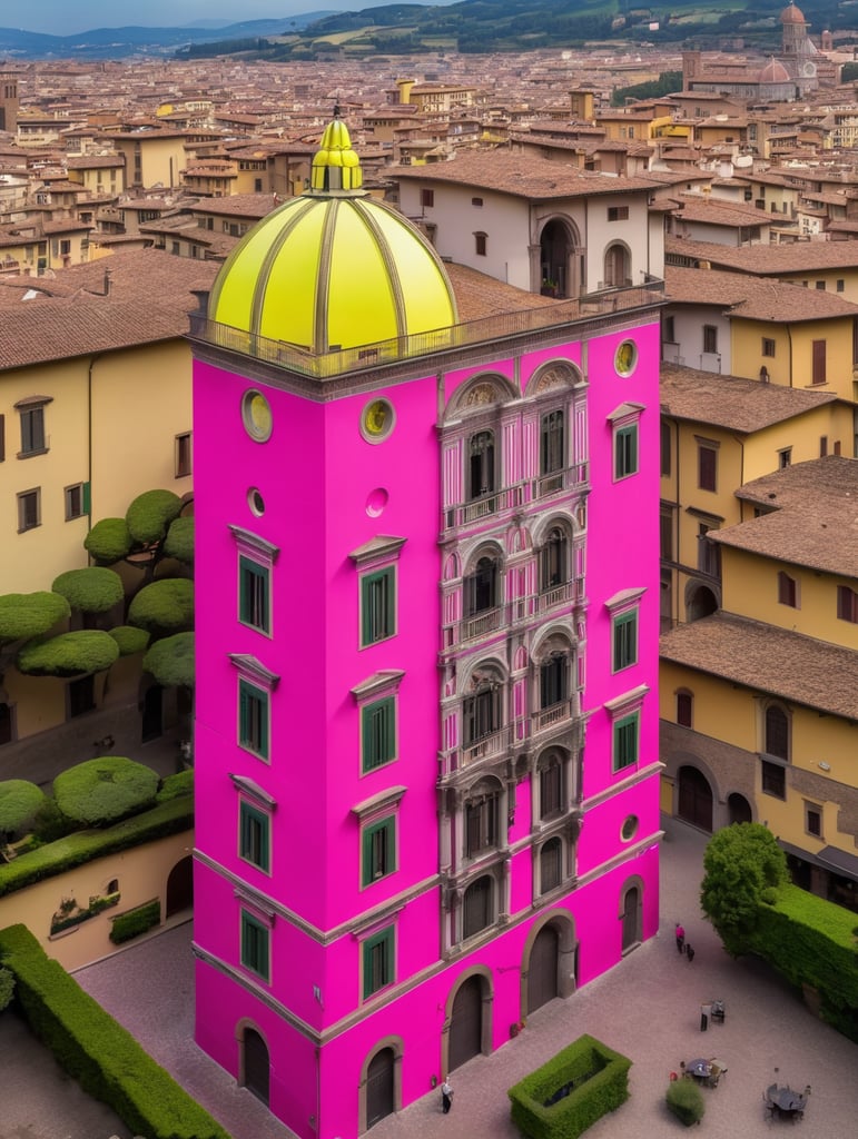 aerial shot of the intriguing bright neon fuchsia pink and highlighter yellow gerenuk outside in florence city by Botticelli