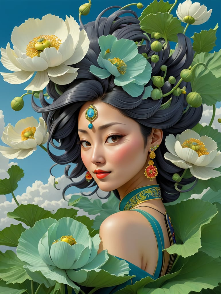 Hiroshi Nagai, ultrafine detailed painting of a woman with a n opium poppy flower in her hair, whimsical, detailed painting