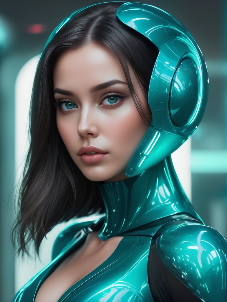 futuristic female by elmopix, in the style of neon realism, dark cyan, nikita veprikov, softly luminous, shiny, resin, smooth curves