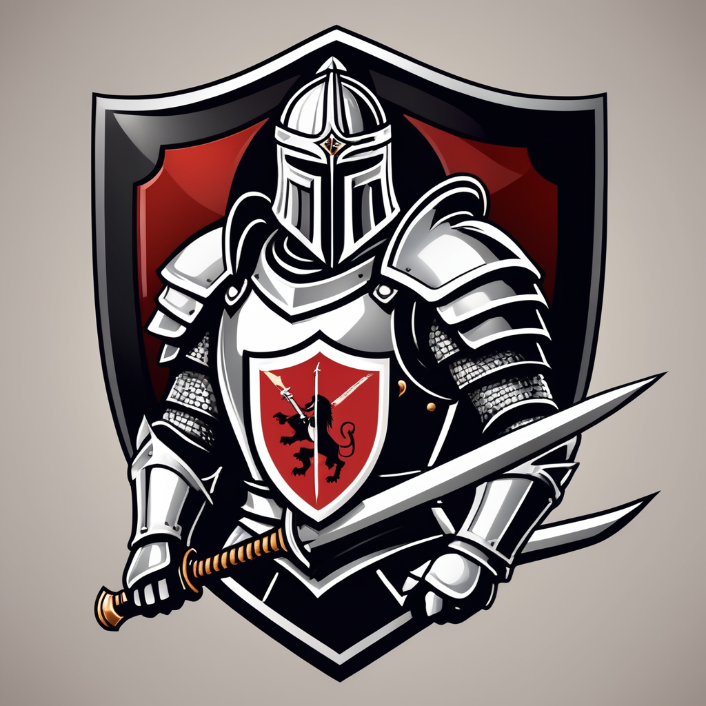 arafed knight with sword and shield logo design, strong fantasy knight, professional logo design, sword design, medieval knight, (((knight))), fantasy knight, holy crusader medieval knight, logo vector art, medieval holy crusader knight, armored knight, high quality character design, 3 d logo, logo design, knight, medieval fantasy game art, logo concept design, illustrated logo