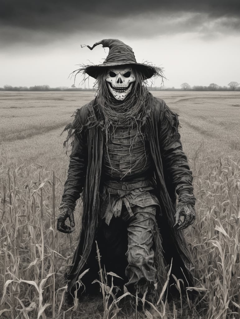 Pure Black and white pen sketch, scary ugly scarecrow