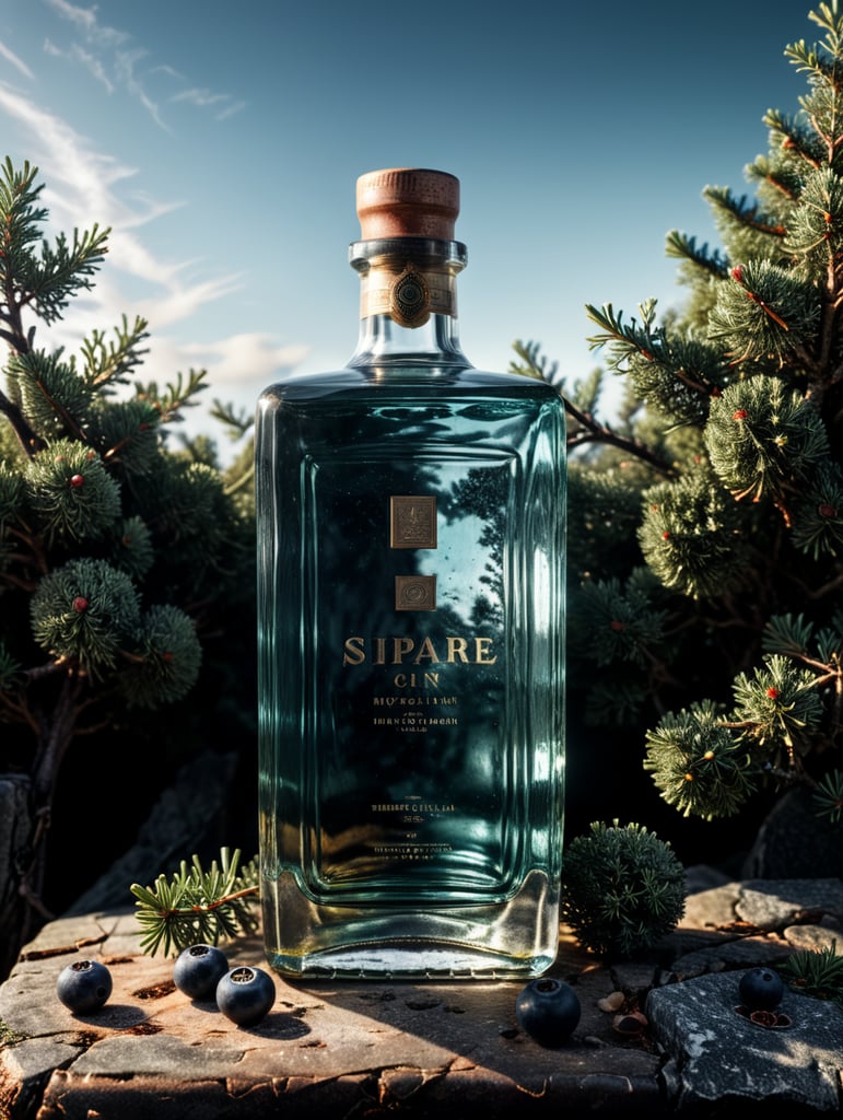 professional photography of a square gin bottle, square bottle, surrounding a juniper and juniper berries, one shot of gin in a front, no label, clear, mockup