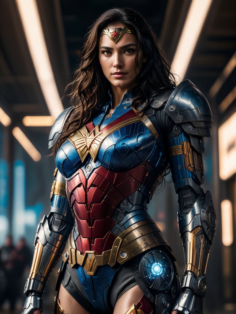 Wonder Woman in cybernetic armor, cyberpunk world, armor like iron man, full body shot