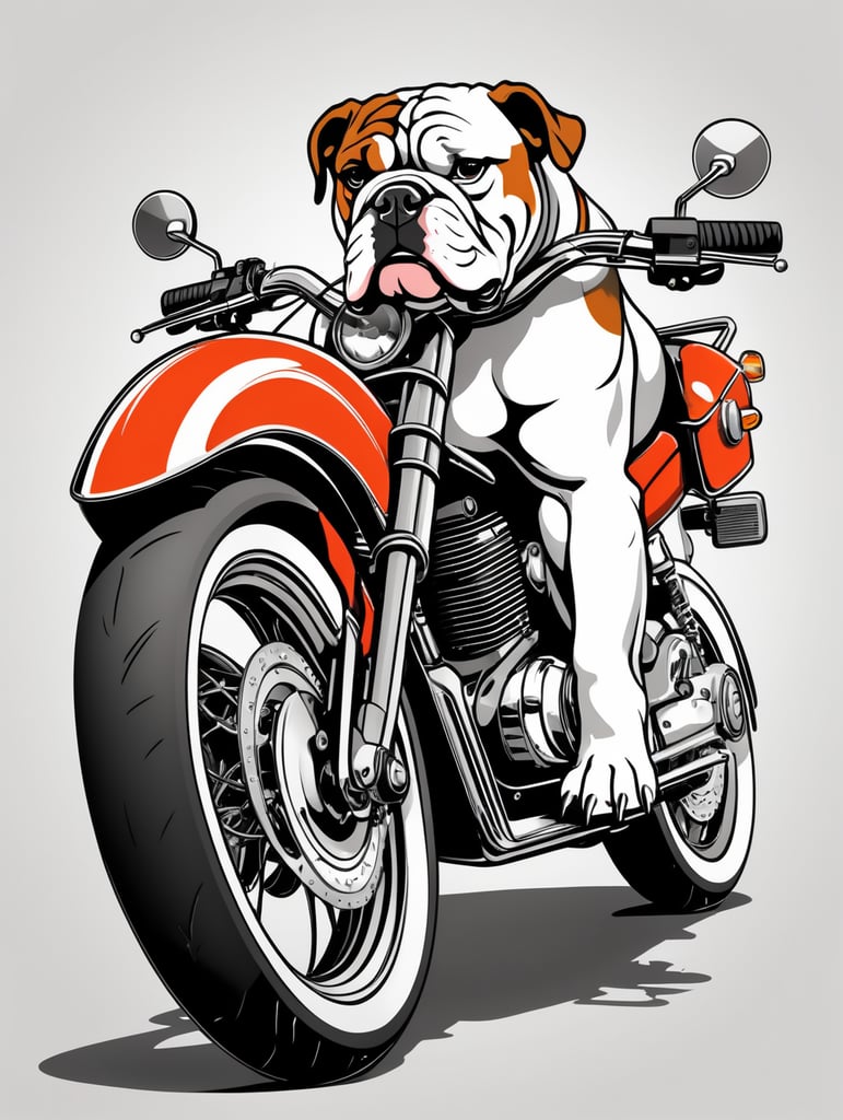 a bulldog riding a motorbike, in the style of simple line art vector comic art on white background