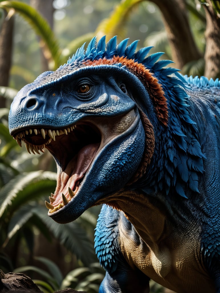 Blue feathered Tyrannosaurus rex, Vibrant colors, Depth of field, Incredibly high detail, Blurred background