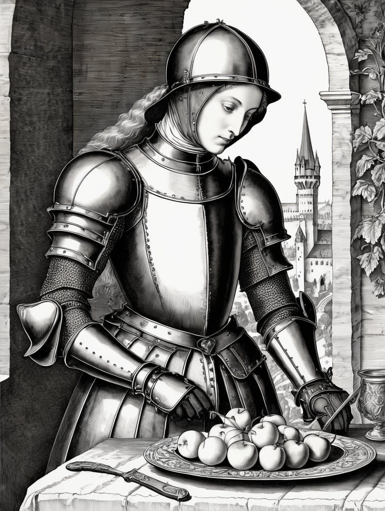 knight glove holding Mirabelle brunch, 15th century, engraving, ink, europe, style of Albrecht Dürer, illustration,