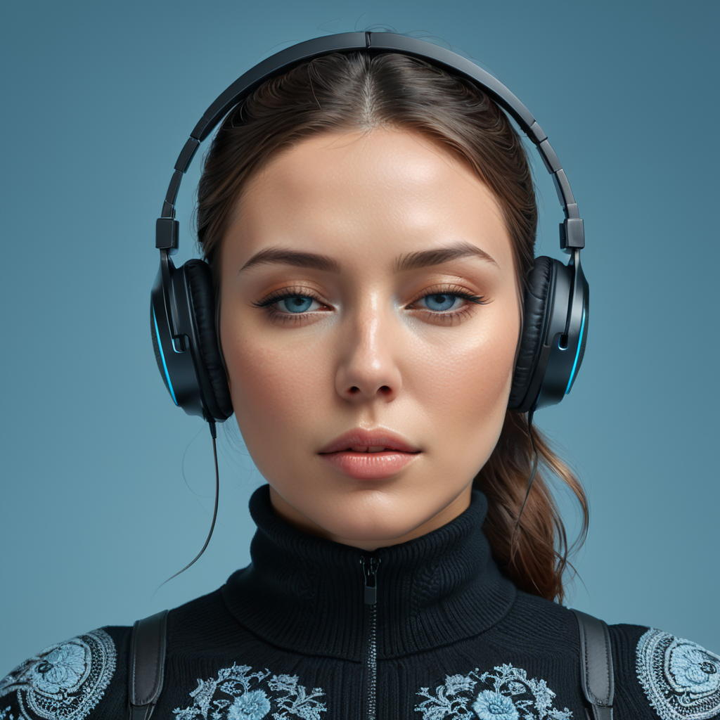 Woman with closed eyes. Wireless black headphones on. Front view. Black turtleneck sweater on. light blue background.