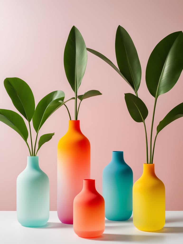 Una serie de 3 jarrones de silicon minimalistas con colores vibrantes inspirados en la estética de el mundo de los sneaker, que sean semitransparentes y con material similar al de las ligas