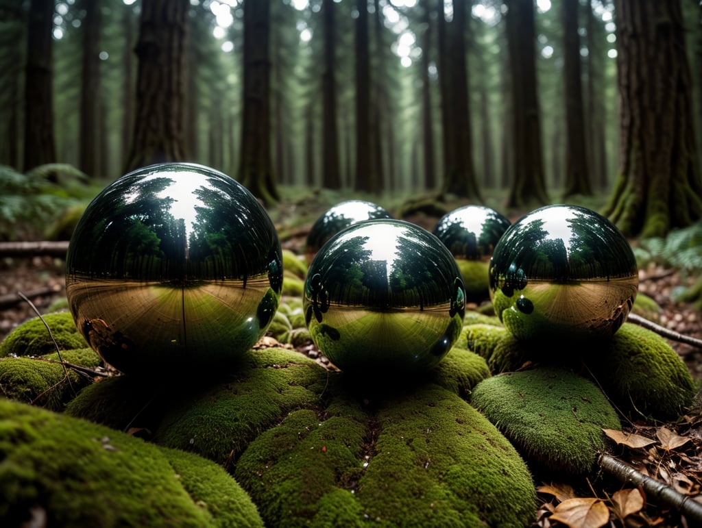 chrome round balls flying in the forest, no blur, sharp focus, cinematic lighting, epic scene