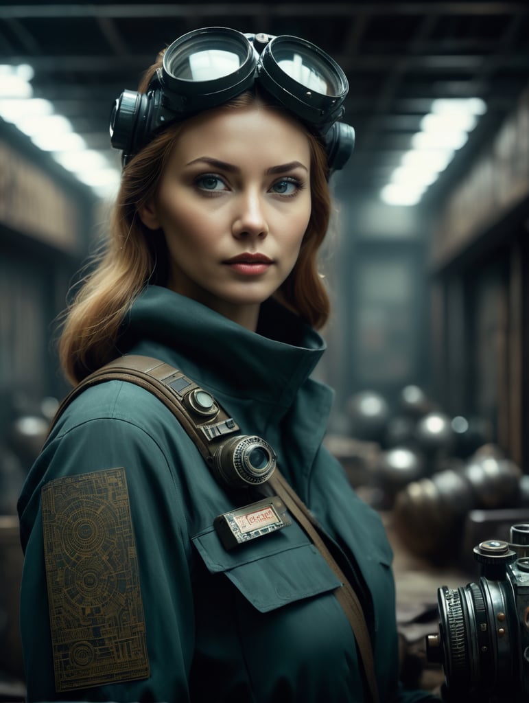 Leica environmental portrait of woman looking at the camera in a dystopian sci-fi home ussr, in the style of dark hues, ussr, coded patterns, sparse and simple, uhd image, urbancore, sovietwave, shadowplay