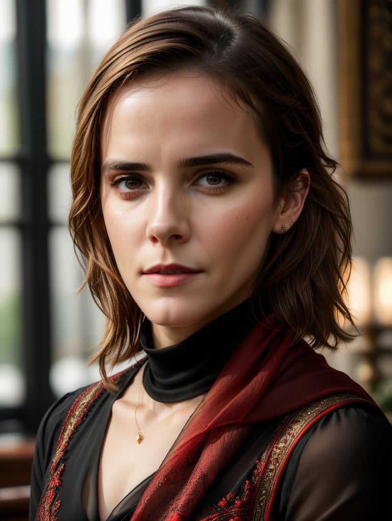 Portrait of Emma Watson wearing black blouse with red scarf, ultra realistic