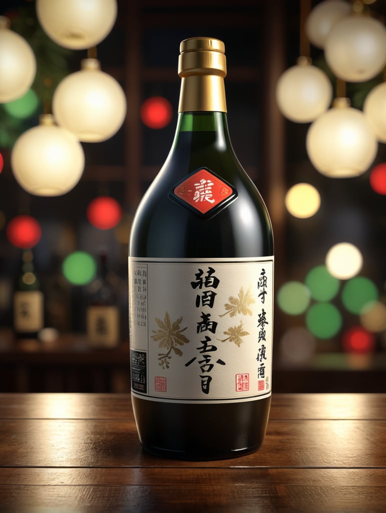 Realistic bottle of Sake, high-quality rendering, detailed label, elegant glass material, soft ambient lighting, reflective surface, christmas background, 4K resolution, ideal for online presentation