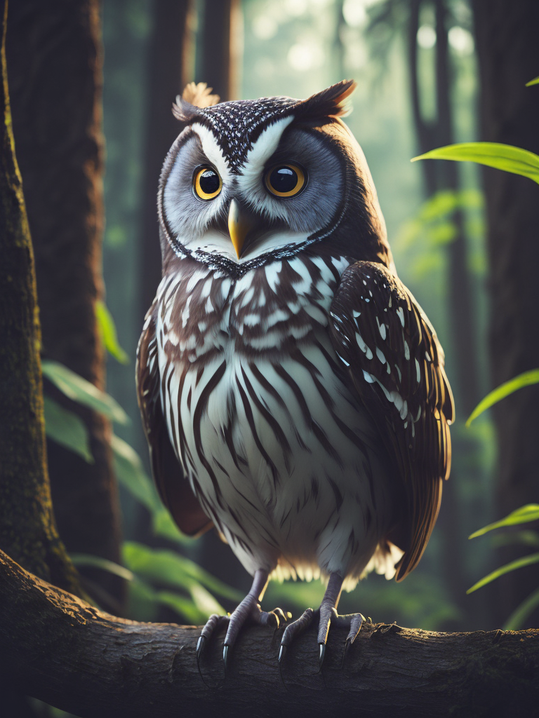 Happy cute owl cartoon character in old disney style in 2d, woods background, hdr, ray tracing, global illumination